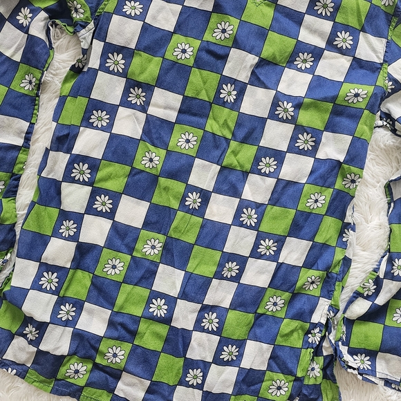 Vintage 1970s Checkered Floral Bell Sleeve Tunic Womens Blouse Size Medium - Picture 2 of 2